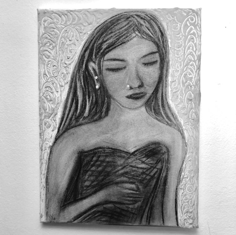 Kohlezeichnung Vertiefte Frau - Bild auf Leinwand - Schwarz-Weiß - KreaFreiKunst by TLN